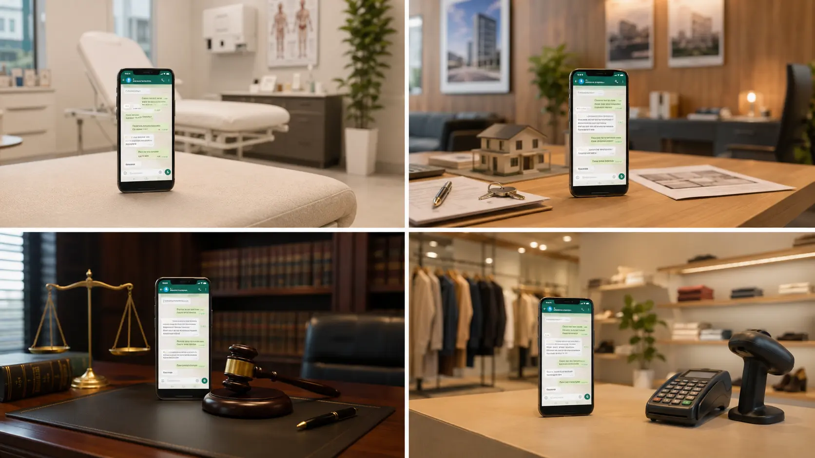 Colagem mostrando WhatsApp com chatbot em diferentes tipos de negócio: clínica, imobiliária e comércio