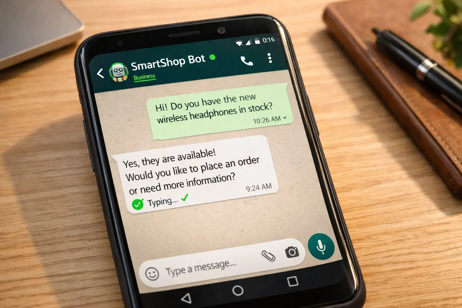 Tela de celular mostrando conversa automatizada com chatbot de IA no WhatsApp