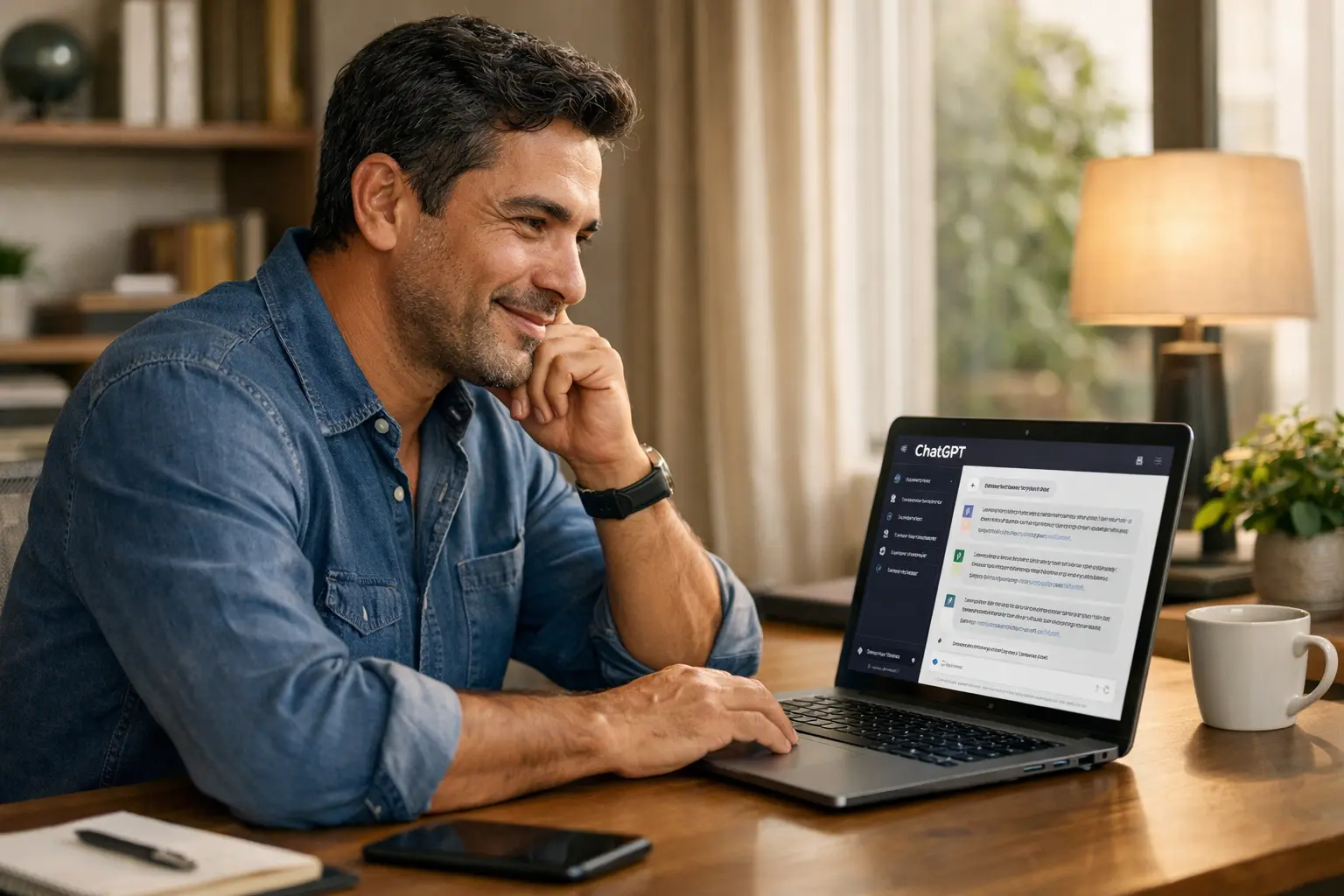 Empresário digitando no computador com interface do ChatGPT aberta na tela