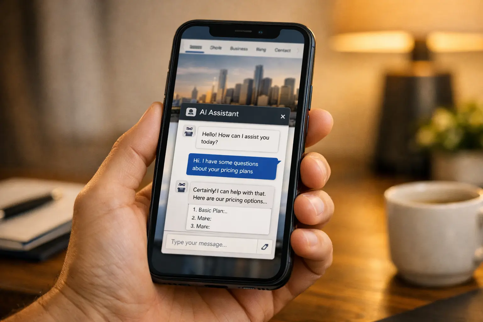 Interface de chat com agente de IA em um site de pequena empresa no celular