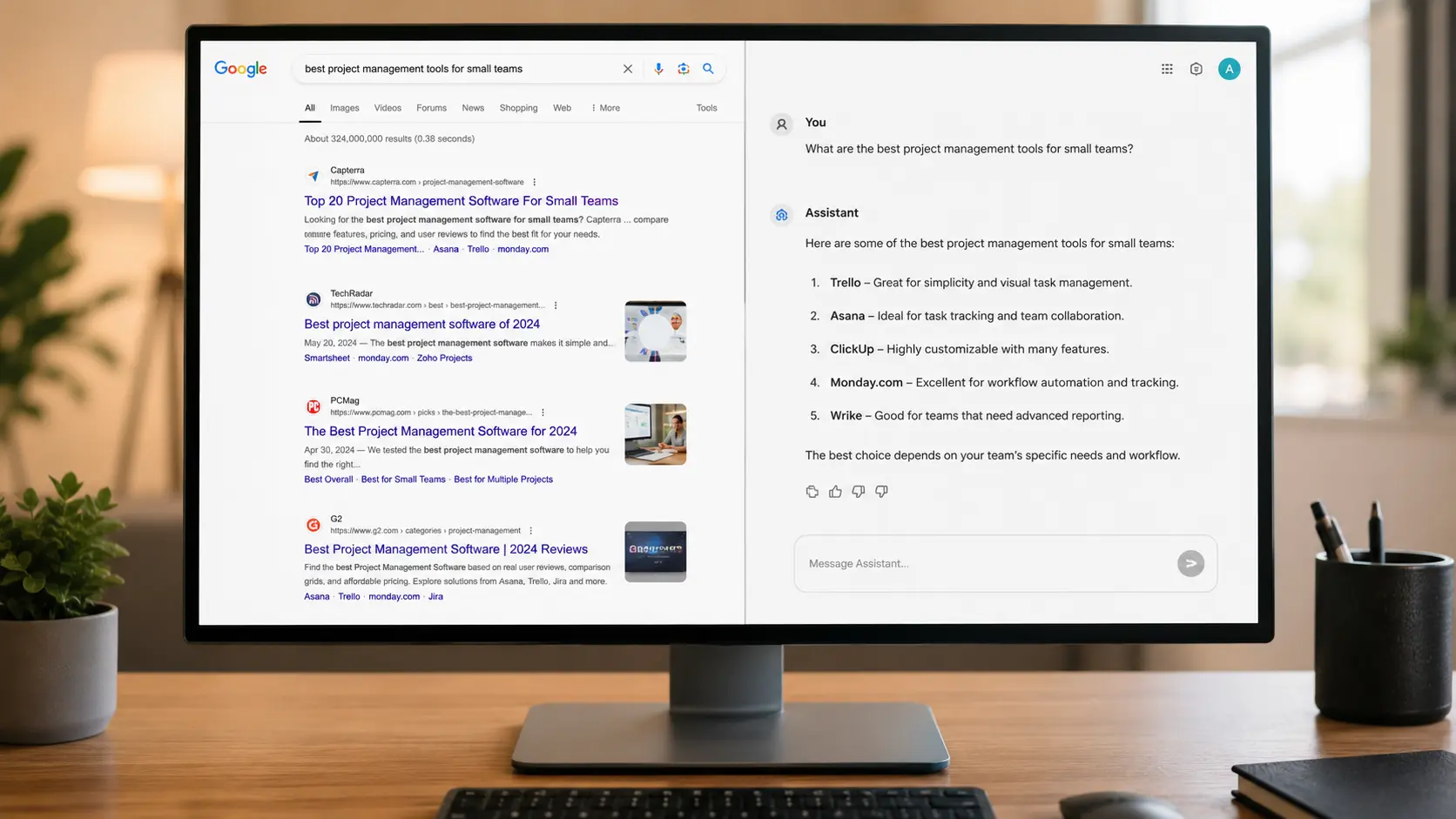 Tela dividida mostrando interface do Google e interface de IA generativa lado a lado
