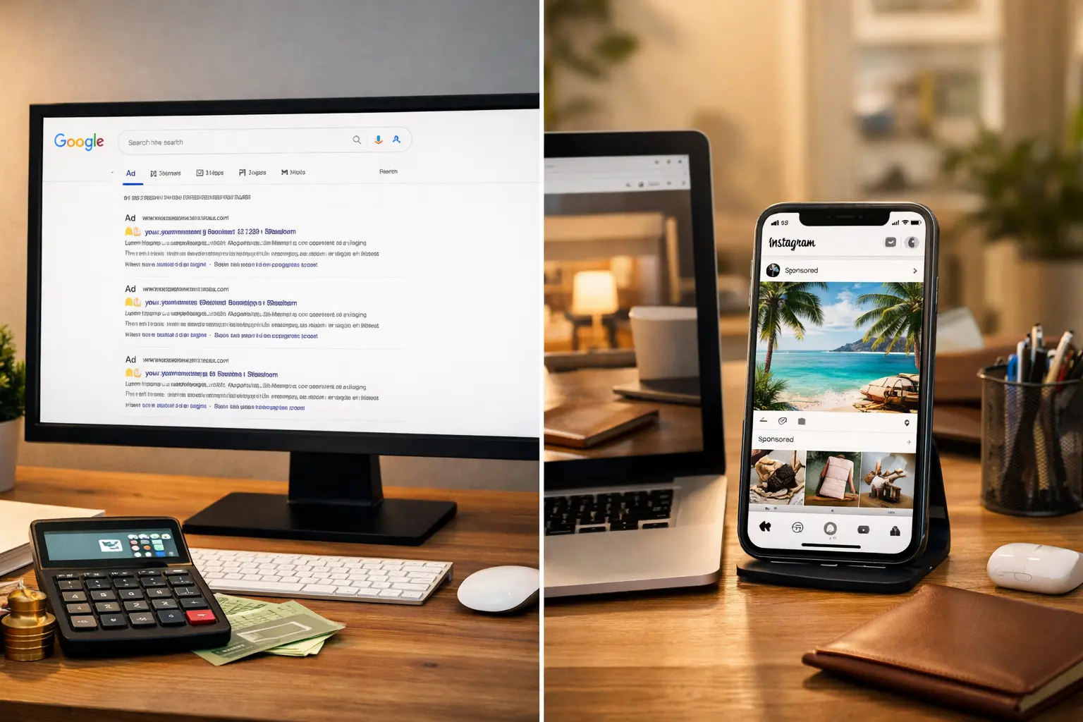 Tela de computador exibindo painéis do Google Ads e do Instagram Ads lado a lado
