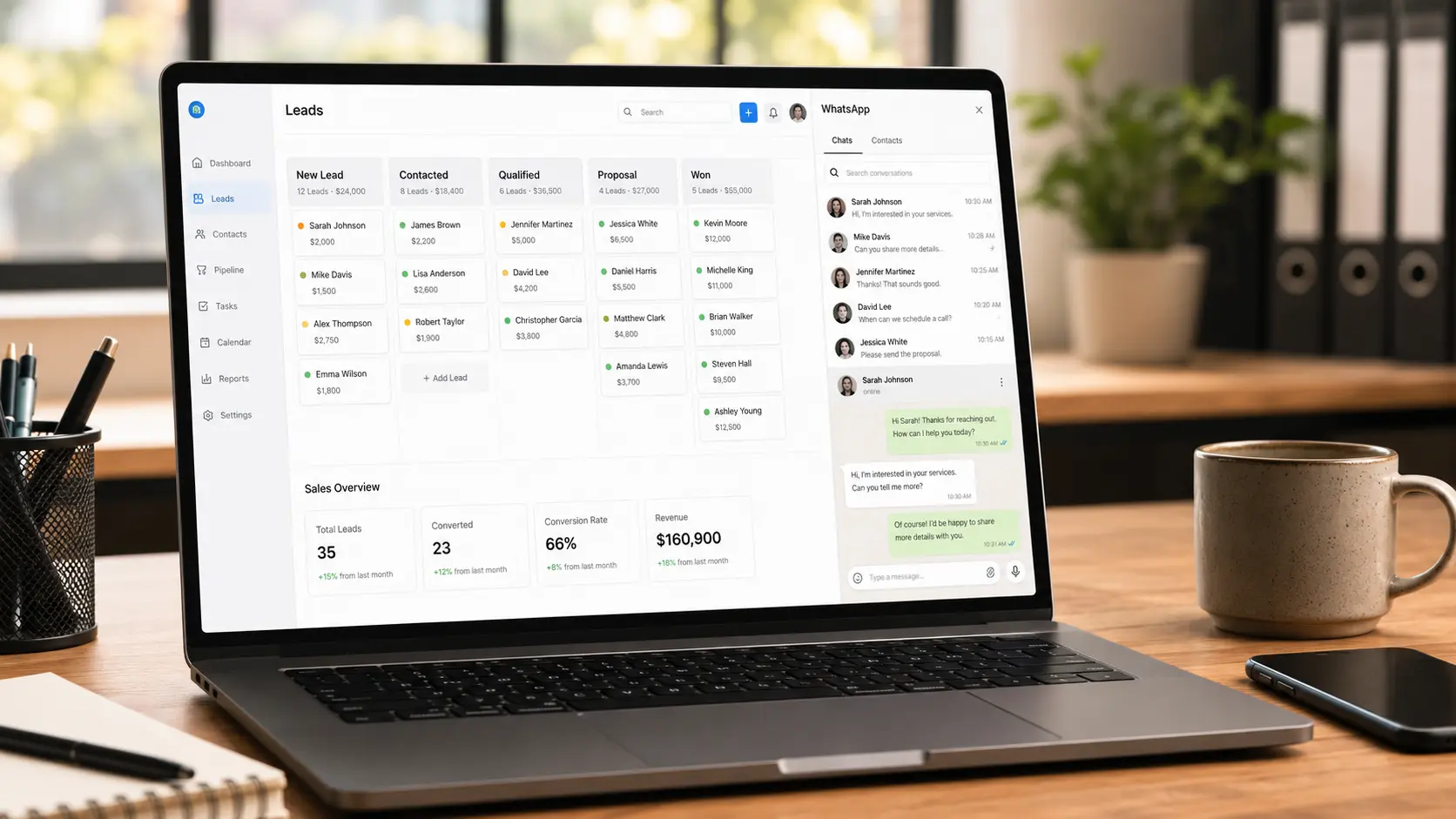 Dashboard de CRM integrado ao WhatsApp com métricas de vendas e conversas em andamento