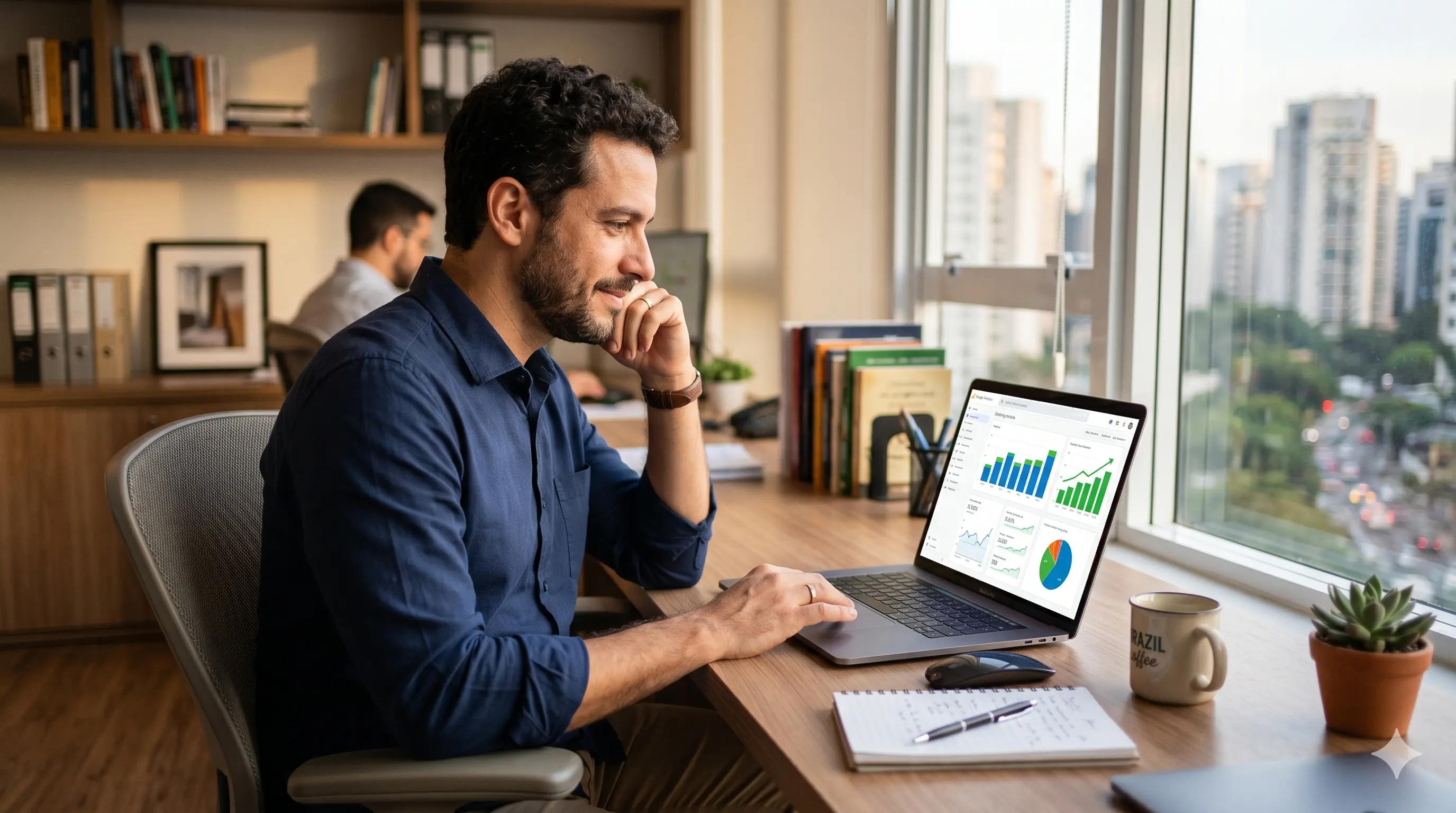 Empresário brasileiro analisando gráficos de marketing digital em laptop no escritório
