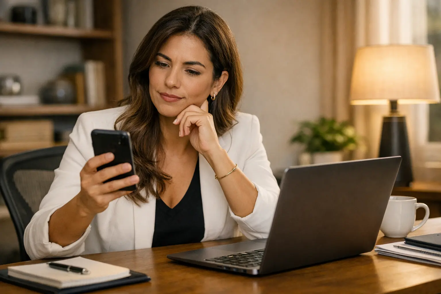 Empresária olhando para o celular e para o notebook ao mesmo tempo em um escritório