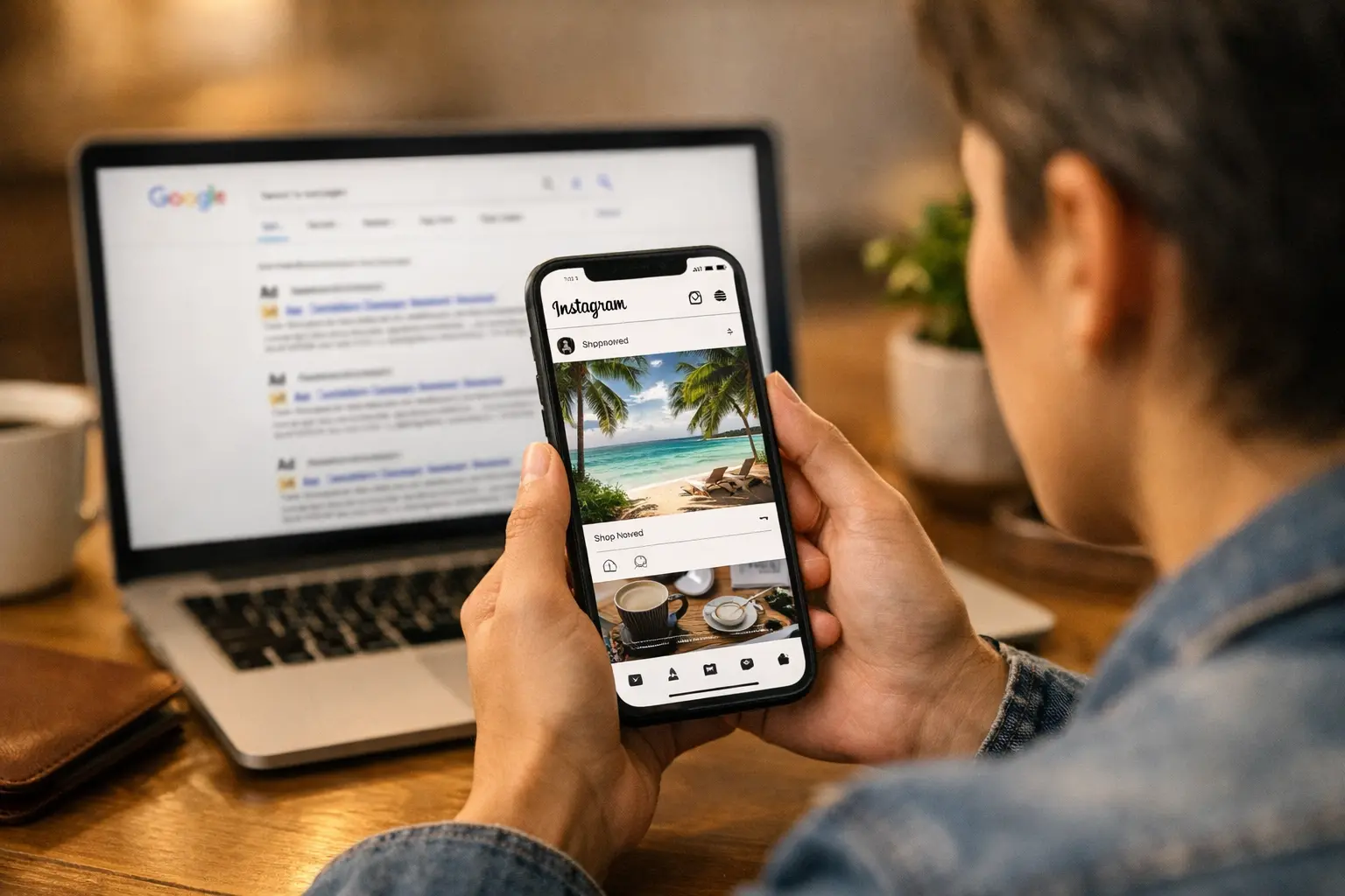 Pessoa olhando para o celular com anúncios aparecendo no Instagram após pesquisa no Google