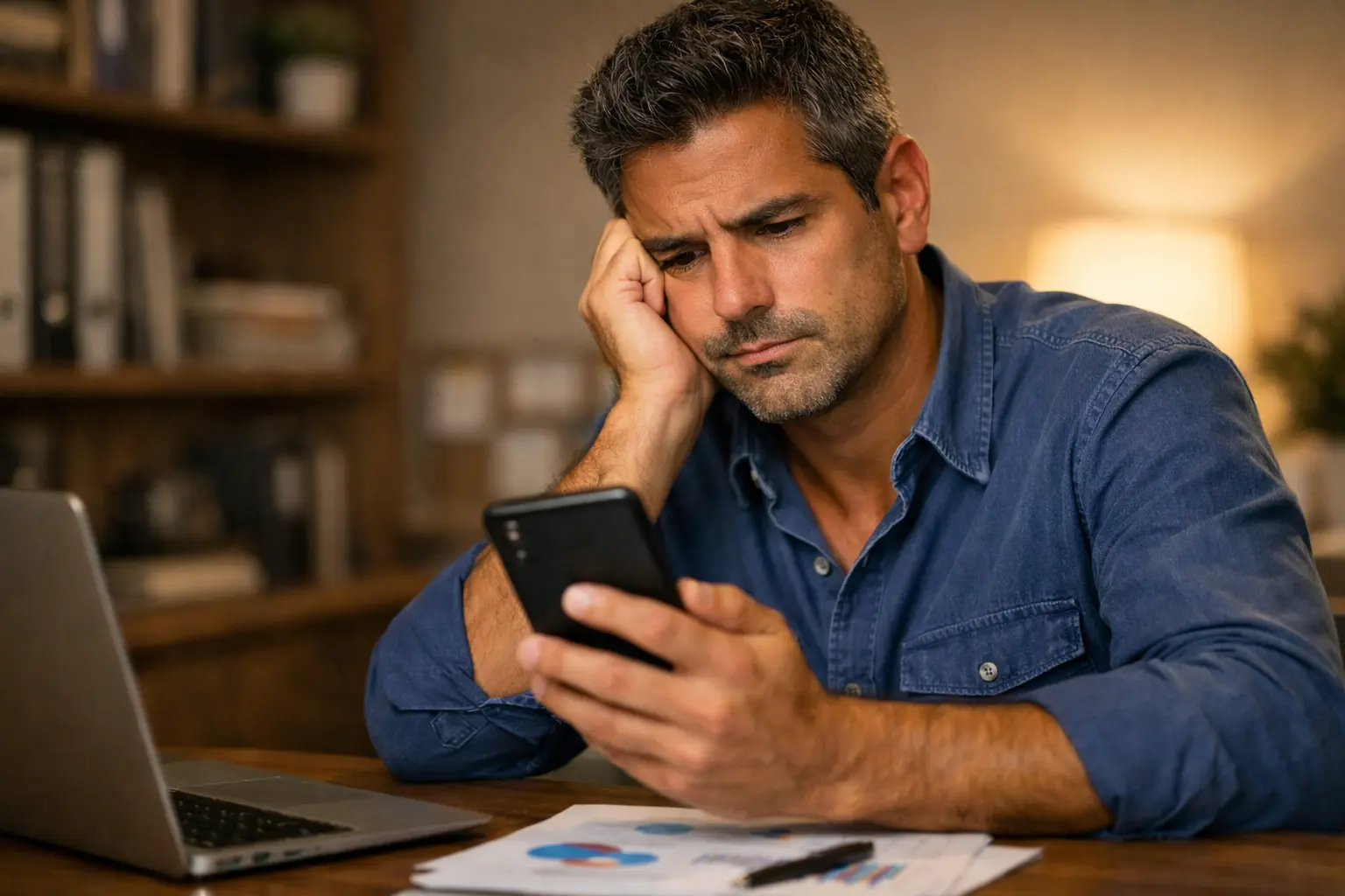 Empresário olhando para o celular com expressão de dúvida diante das redes sociais da empresa