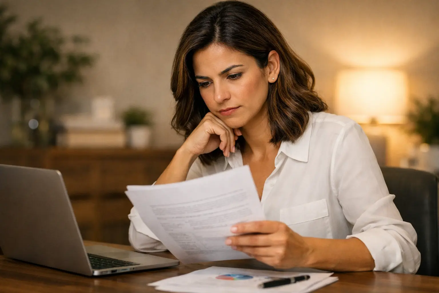 Empresária analisando proposta comercial de agência de redes sociais no notebook