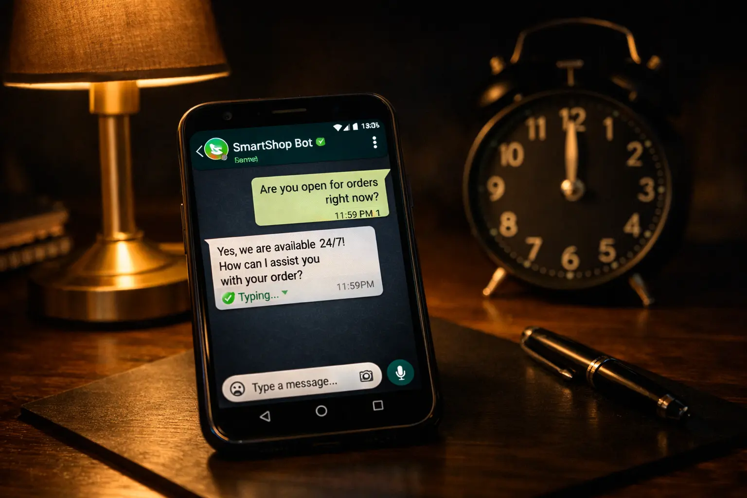 Relógio marcando meia-noite ao lado de celular com conversa de WhatsApp sendo respondida automaticamente