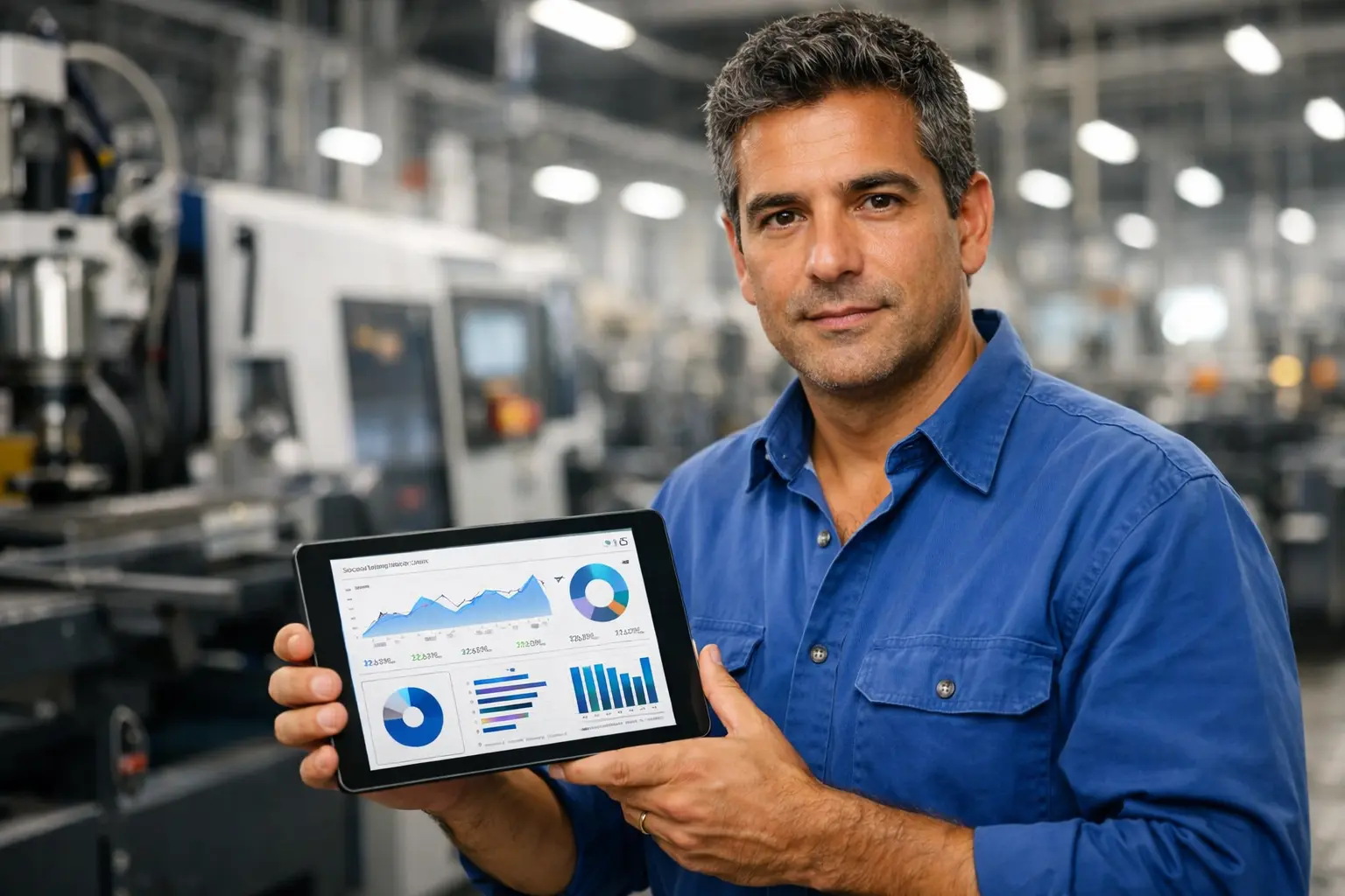 Gestor industrial analisando métricas de redes sociais em tablet dentro de uma fábrica