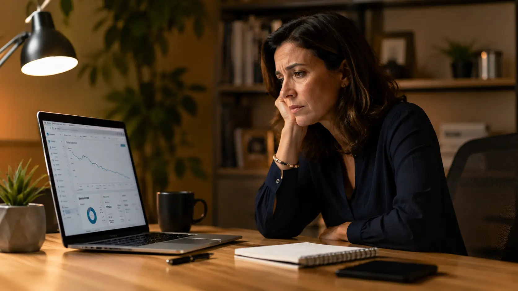 Pessoa analisando métricas de conteúdo antigo em laptop com gráfico de queda de tráfego