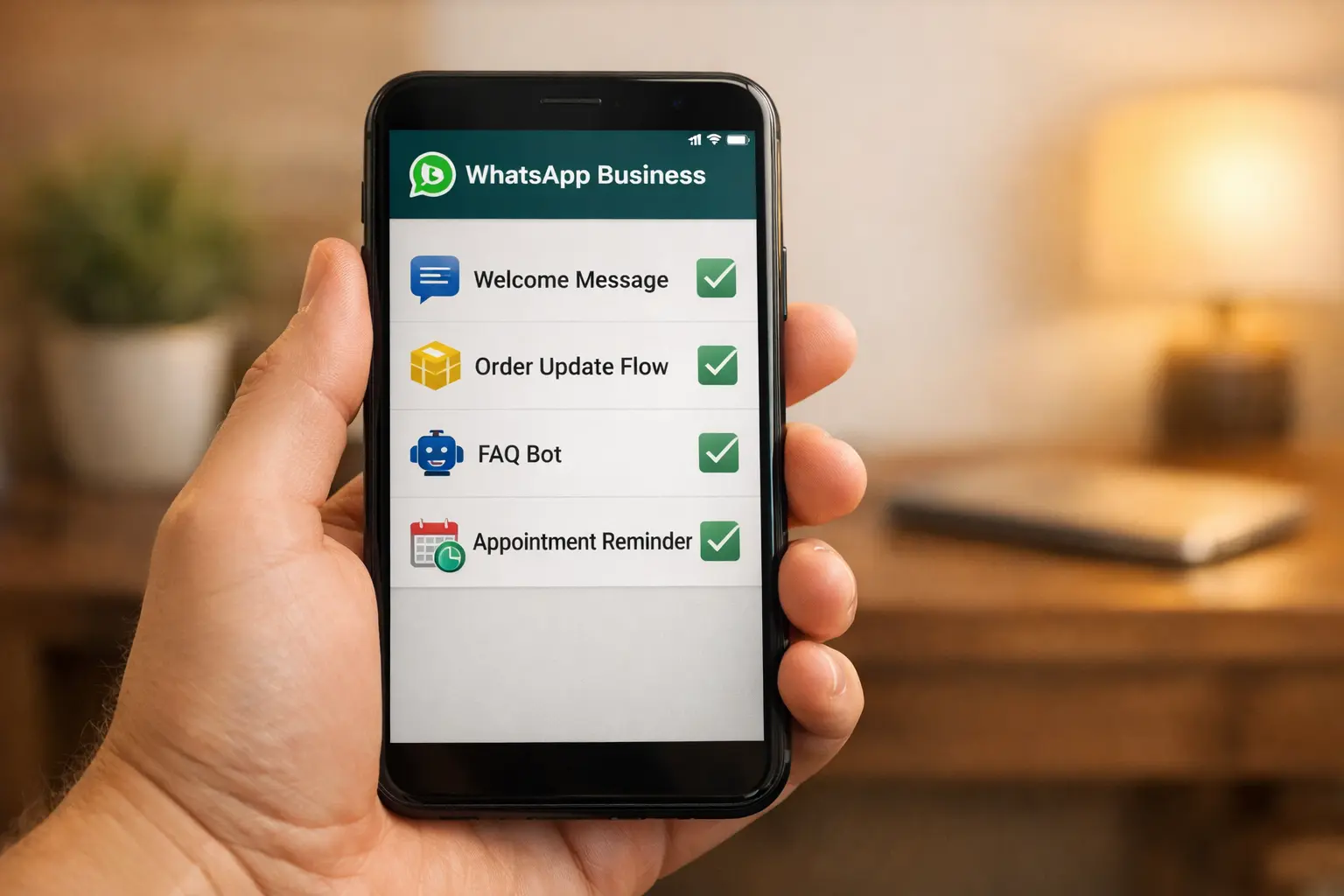 Lista de tarefas automatizadas no WhatsApp exibida na tela de um smartphone