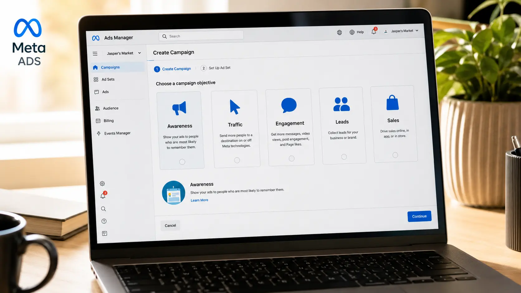 Tela do Gerenciador de Anúncios do Meta com os objetivos de campanha visíveis
