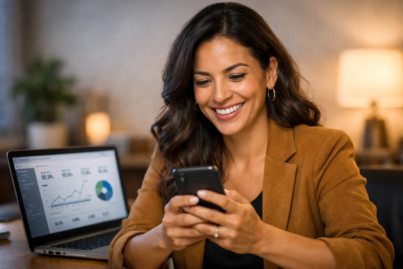 Empresária sorrindo enquanto analisa métricas de atendimento automatizado no celular