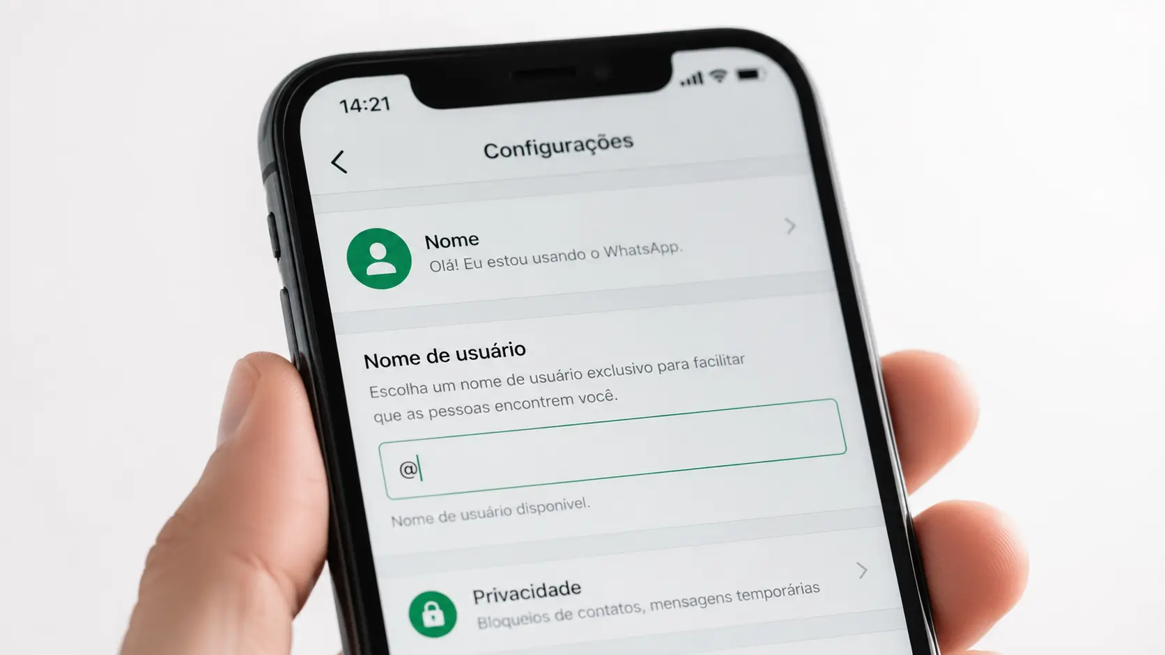 Tela do WhatsApp mostrando a opção de nome de usuário com símbolo @ em destaque
